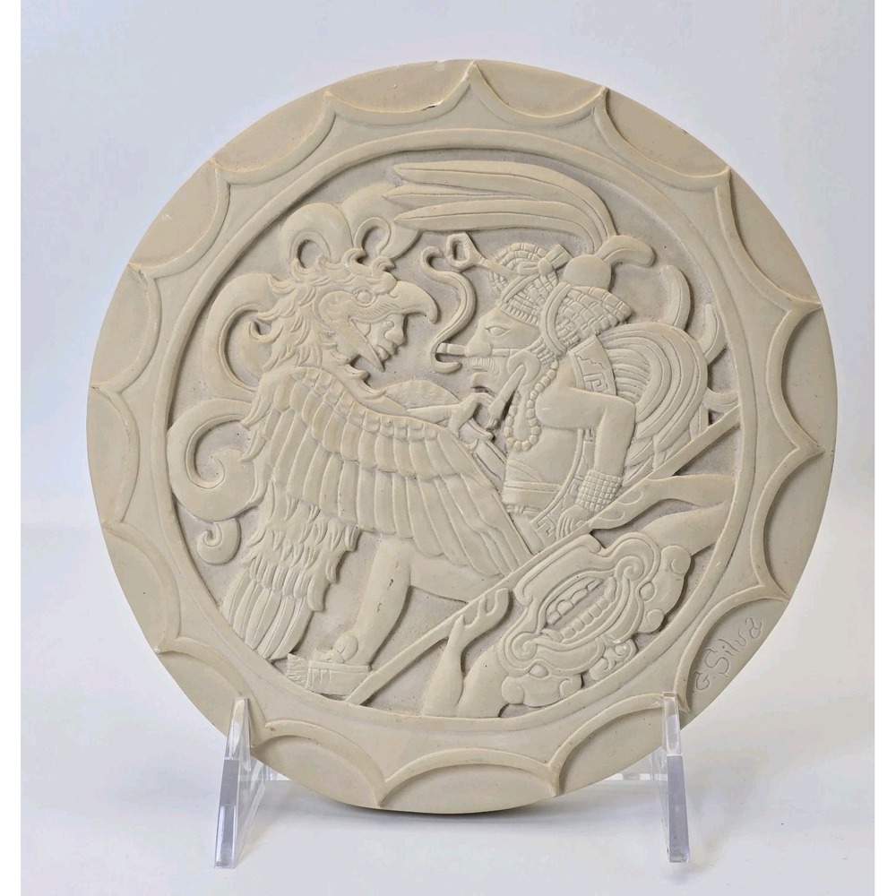 Vintage G. Silva Mayan Aztec Relief Wall Plaque Cast Stone Chalkware Art 6.5"